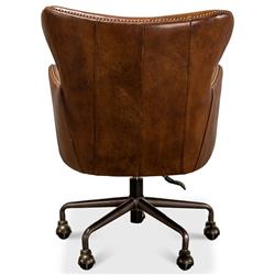 Alexander Rustic Brown Upholstered Leather Metal Base Nailhead Swivel Office Chair|