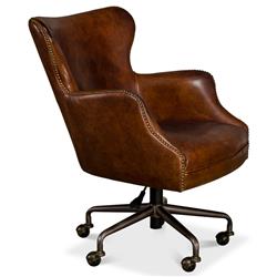 Alexander Rustic Brown Upholstered Leather Metal Base Nailhead Swivel Office Chair|