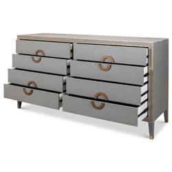 Levi Mid Century Modern Grey Shagreen Leather Brass Accent 8 Drawer Double Dresser|
