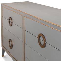 Levi Mid Century Modern Grey Shagreen Leather Brass Accent 8 Drawer Double Dresser|