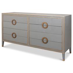 Levi Mid Century Modern Grey Shagreen Leather Brass Accent 8 Drawer Double Dresser|
