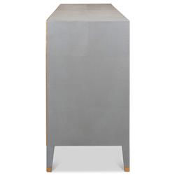 Levi Mid Century Modern Grey Shagreen Leather Brass Accent 8 Drawer Double Dresser|