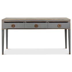 Levi Mid Century Modern Grey Shagreen Leather Brass Accent 3 Drawer Console Table|