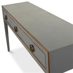 Levi Mid Century Modern Grey Shagreen Leather Brass Accent 3 Drawer Console Table|