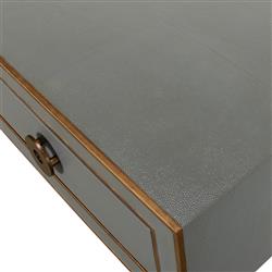 Levi Mid Century Modern Grey Shagreen Leather Brass Accent 3 Drawer Console Table|