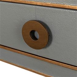 Levi Mid Century Modern Grey Shagreen Leather Brass Accent 3 Drawer Console Table|