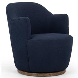 Samuel French Country Blue Upholstered Boucle Brown Wood Swivel Arm Chair|