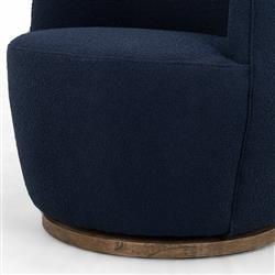 Samuel French Country Blue Upholstered Boucle Brown Wood Swivel Arm Chair|