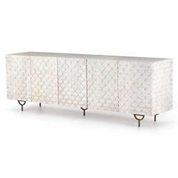 Harriet Mid Century White Wash Carved Mango Wood Gold Iron Base Media Cabinet - 82"W|