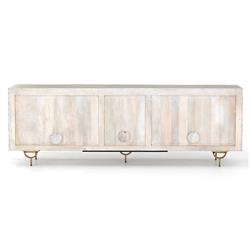 Harriet Mid Century White Wash Carved Mango Wood Gold Iron Base Media Cabinet - 82"W|