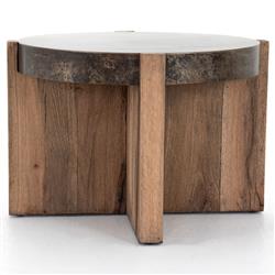 Brandon Rustic Lodge Black Iron Top Brown Oak Wood Round End Table|