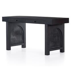 Kashton Mid Century Modern Black Wash Mango Wood Woven Cane 2 Drawer Desk|
