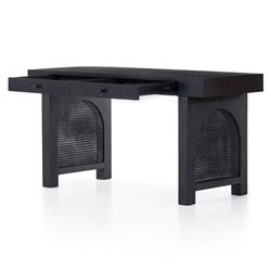 Kashton Mid Century Modern Black Wash Mango Wood Woven Cane 2 Drawer Desk|