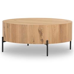 Alina Rustic Lodge Light Brown Oak Wood Black Iron Base Round Coffee Table|