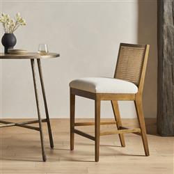Annette Coastal Beige Performance Natural Woven Cane Wood Frame Counter Stool|