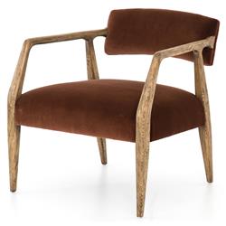 Pia Mid Century Modern Brown Upholstered Velvet Natural Wood Frame Arm Chair|