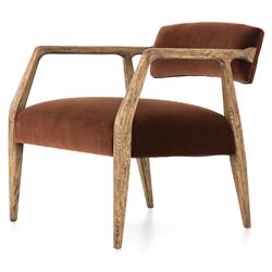 Pia Mid Century Modern Brown Upholstered Velvet Natural Wood Frame Arm Chair|