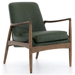 Olena Mid Century Green Upholstered Leather Brown Oak Wood Living Room Arm Chair|