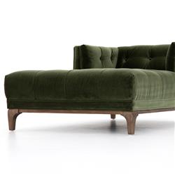 Allen Mid Century Green Velvet Brown Wood Frame Button Tufted Chaise Lounge|