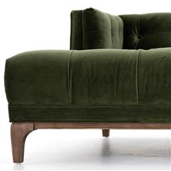 Allen Mid Century Green Velvet Brown Wood Frame Button Tufted Chaise Lounge|