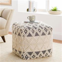 Hallie Coastal Beach Cream Cotton Black Accent Textured Square Pouf|