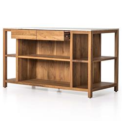 Sohail Coastal Beach White Marble Brown Acacia Wood Kitchen Island - 62"|