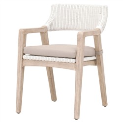 Lucile Coastal Beach Beige Cushion White Woven Rattan Grey Mahogany Dining Arm Chair|