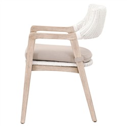 Lucile Coastal Beach Beige Cushion White Woven Rattan Grey Mahogany Dining Arm Chair|