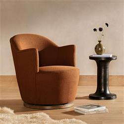 Samuel French Country Brown Upholstered Wood Swivel Arm Chair|