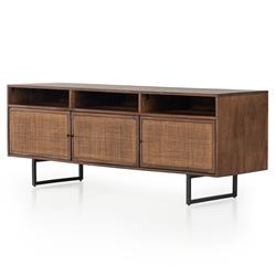 Emilie Mid Century Brown Mango Wood Woven Cane Iron Base Media Console - 65"W|