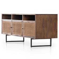 Emilie Mid Century Brown Mango Wood Woven Cane Iron Base Media Console - 65"W|