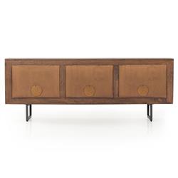 Emilie Mid Century Brown Mango Wood Woven Cane Iron Base Media Console - 65"W|