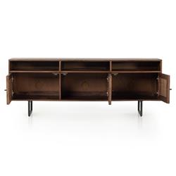 Emilie Mid Century Brown Mango Wood Woven Cane Iron Base Media Console - 65"W|
