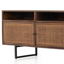 Emilie Mid Century Brown Mango Wood Woven Cane Iron Base Media Console - 65"W|