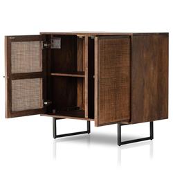 Emilie Brown Wash Mango Wood Woven Cane Black Iron 2 Door Media Cabinet - 35"W|