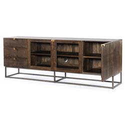 Madison Mid Century Brown Mango Wood Black Iron 3 Door Media Cabinet - 79"W|