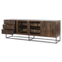 Madison Mid Century Brown Mango Wood Black Iron 3 Door Media Cabinet - 79"W|