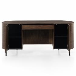 Khalil Rustic Lodge Brown Wood Black Iron Demilune Executive Desk|