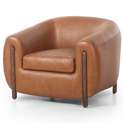 Riley Mid Century Modern Brown Upholstered Leather Wood Barrel Chair|