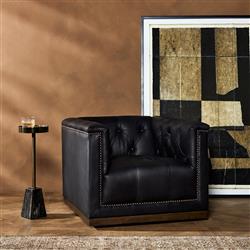 Emmy Rustic Lodge Black Leather Tufted Nailhead Trim Swivel Club Chair|
