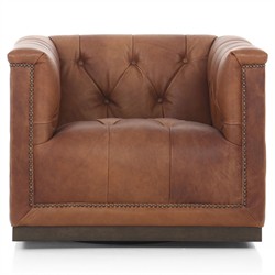 Emmy Rustic Lodge Warm Brown Leather Tufted Nailhead Trim Swivel Club Chair|