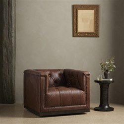 Emmy Rustic Lodge Warm Brown Leather Tufted Nailhead Trim Swivel Club Chair|
