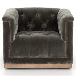 Emmy Rustic Lodge Grey Velvet Tufted Nailhead Trim Swivel Club Chair|