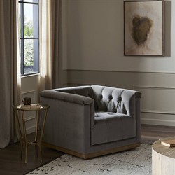 Emmy Rustic Lodge Grey Velvet Tufted Nailhead Trim Swivel Club Chair|