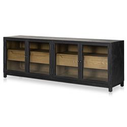 Clarence Rustic Lodge Black Oak Wood Clear Glass 4 Door Media Cabinet - 78"W|