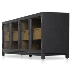 Clarence Rustic Lodge Black Oak Wood Clear Glass 4 Door Media Cabinet - 78"W|