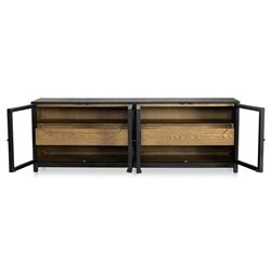 Clarence Rustic Lodge Black Oak Wood Clear Glass 4 Door Media Cabinet - 78"W|