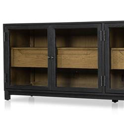 Clarence Rustic Lodge Black Oak Wood Clear Glass 4 Door Media Cabinet - 78"W|