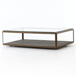 Ena Regency Gold Brass Grey Faux Shagreen Rectangular 2 Tier Coffee Table|