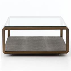 Ena Regency Gold Brass Grey Faux Shagreen Rectangular 2 Tier Coffee Table|